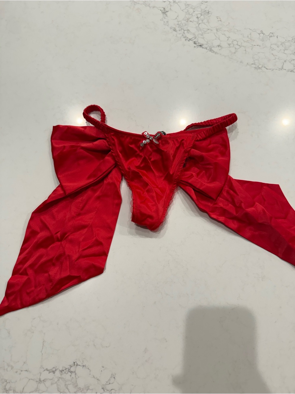 Victoria's Secret Red Satin Bow Thong with Crystal Accent